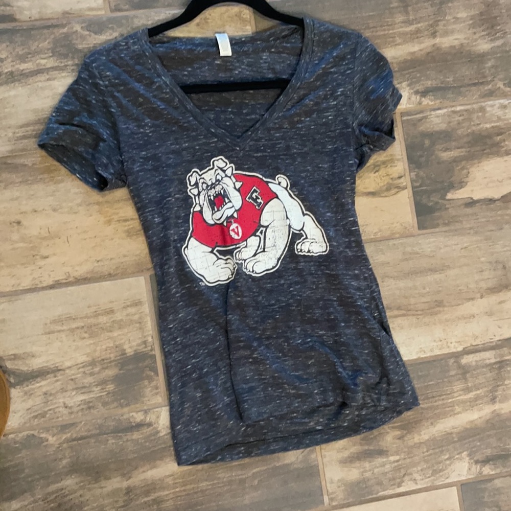 Small heather grey Fresno State College Bulldogs football V-neck.